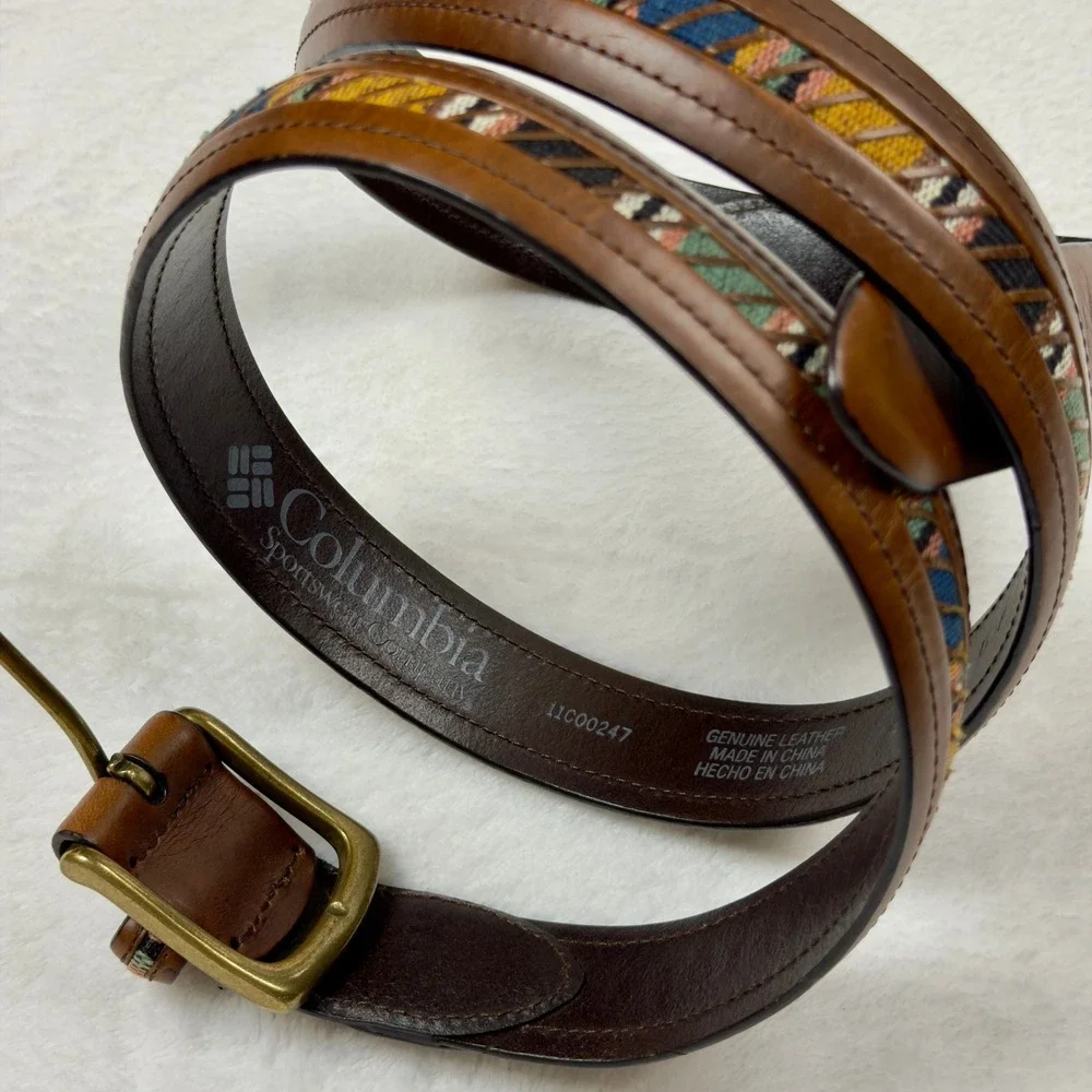 Columbia Brown Leather Belt Aztec Woven Tapestry Brass Buckle 44 L Gorpcore